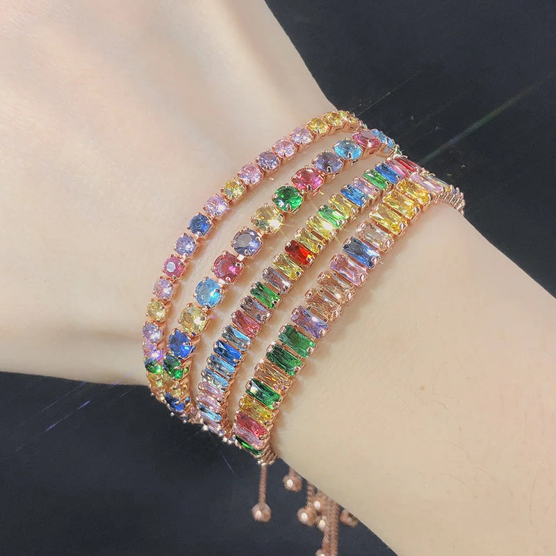 Rainbow Zircon Tennis Bracelet - Adjustable Multicolor Charm Bracelet for Women