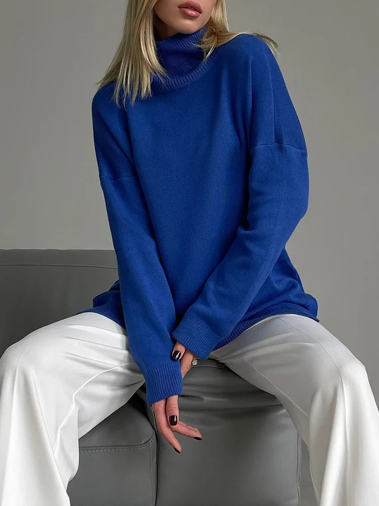 Women's Turtleneck Sweater - Oversized Knit Pullover with Side Split
