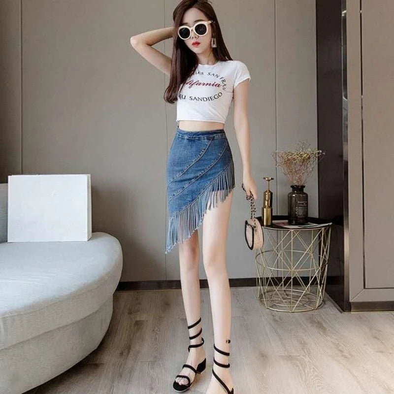 High Waist Denim Skirt with Fringe Detail