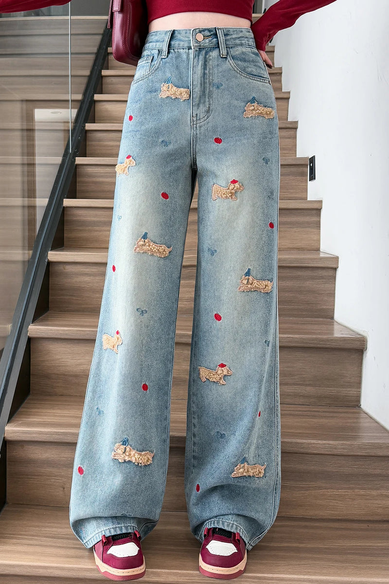 Women's Embroidered Loose Fit Denim Jeans