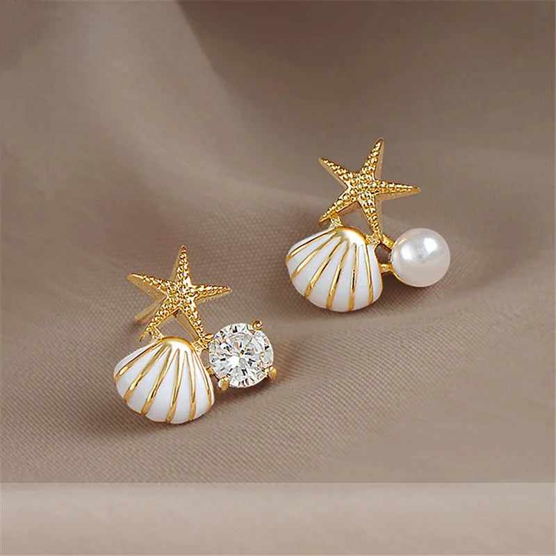 Starfish Shell Stud Earrings - Asymmetric Pearl & Rhinestone Design