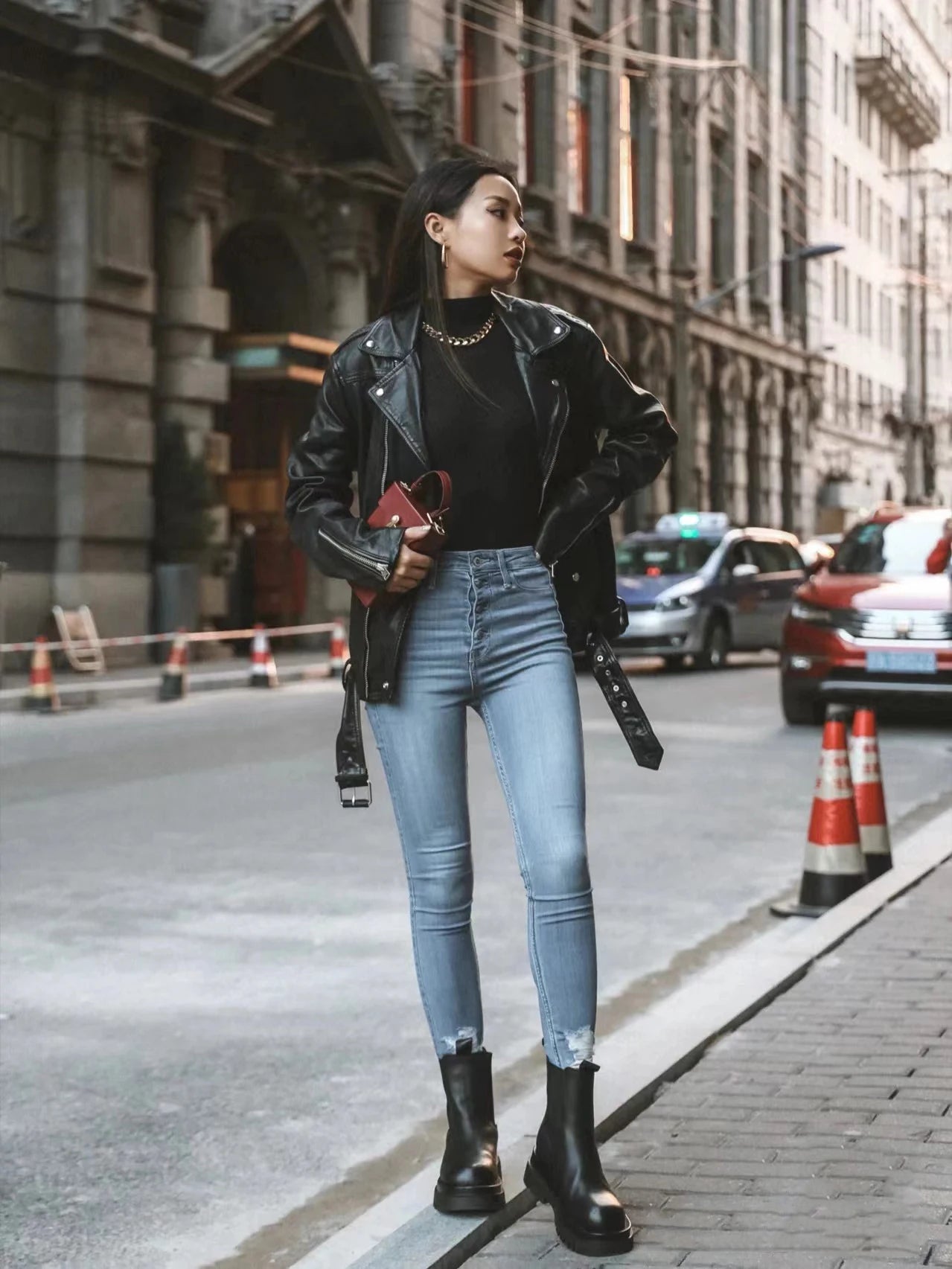 Women's Faux Leather Motorcycle Jacket - Loose Fit Black Biker Jacket