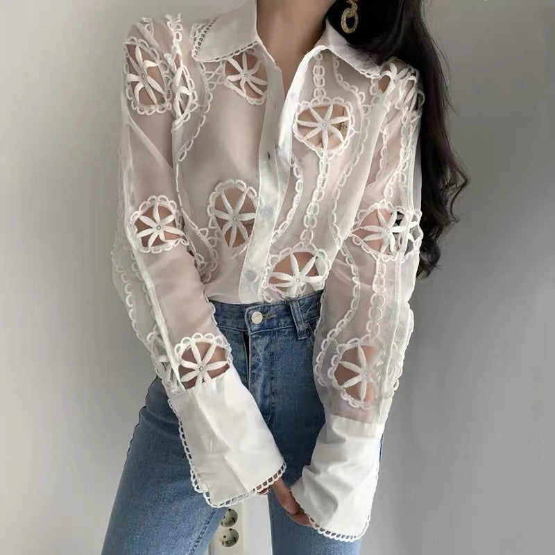 Women's Floral Embroidery White Blouse - Long Sleeve Casual Shirt