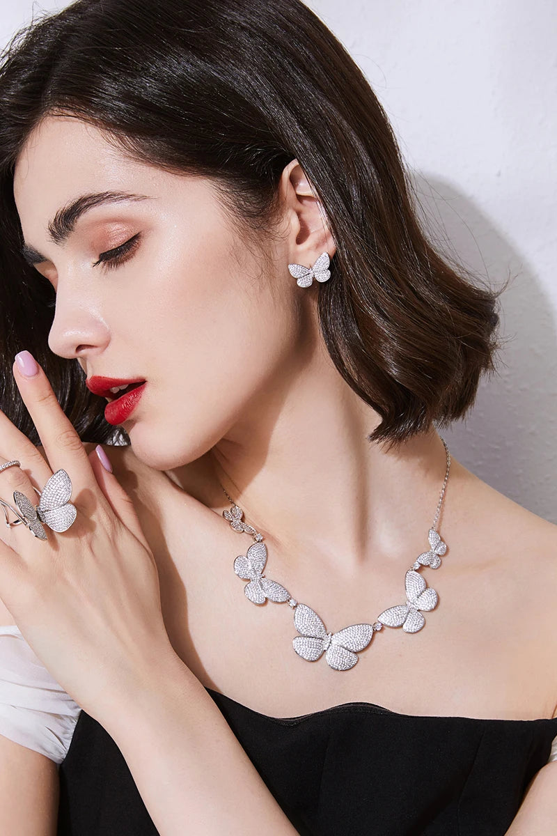 Butterfly Wedding Ring - Rhodium Plated with Cubic Zirconia