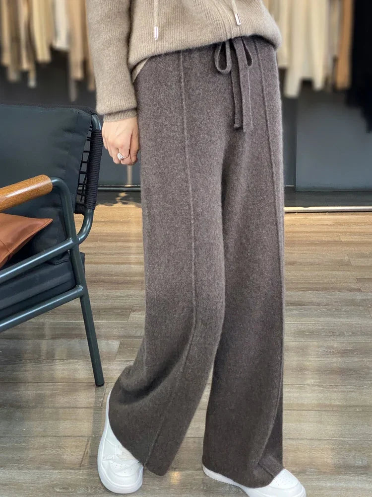 Women's Wool Knitted Wide Leg Pants - High Waist Cashmere Blend Trousers