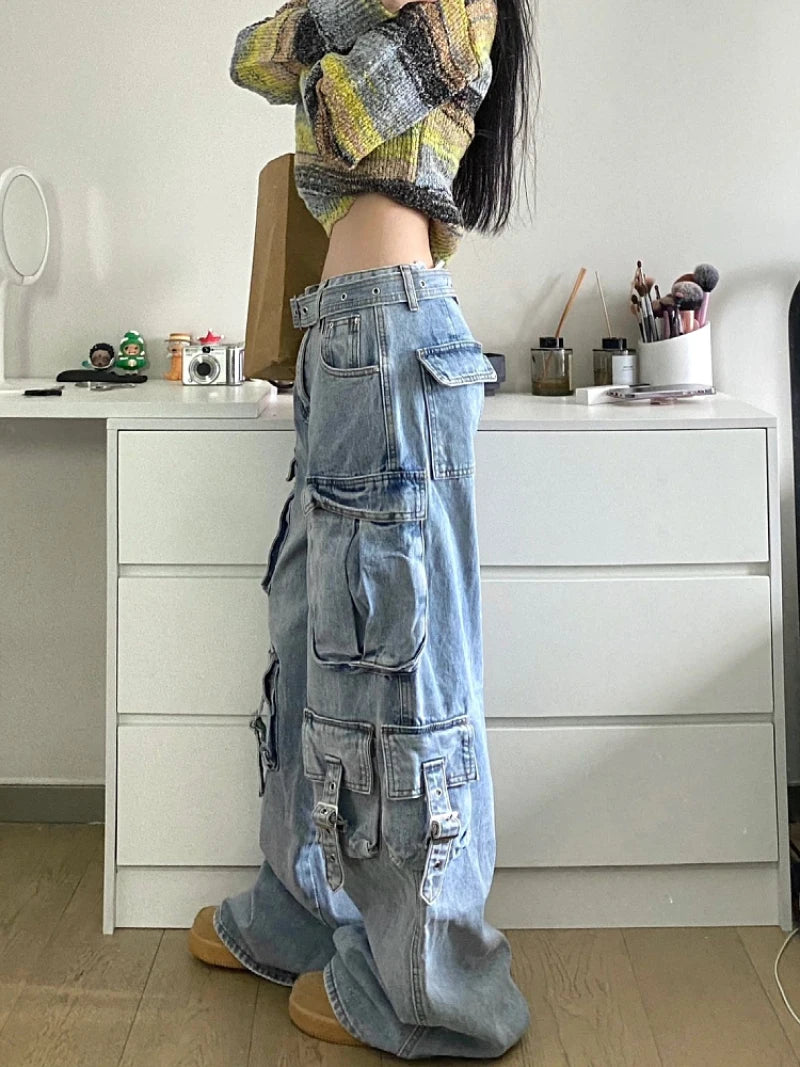 Women's High-Waisted Cargo Jeans - Streetwear Wide Leg Denim Pants