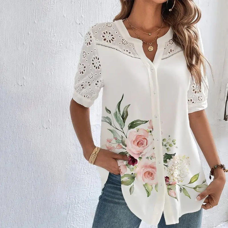 Women's Elegant Lace Short Sleeve Blouse - Casual Loose Fit Shirt