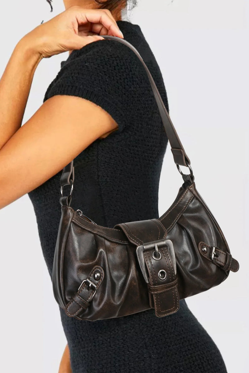 Vintage Leather Shoulder Bag - Y2K Retro Style Baguette Handbag