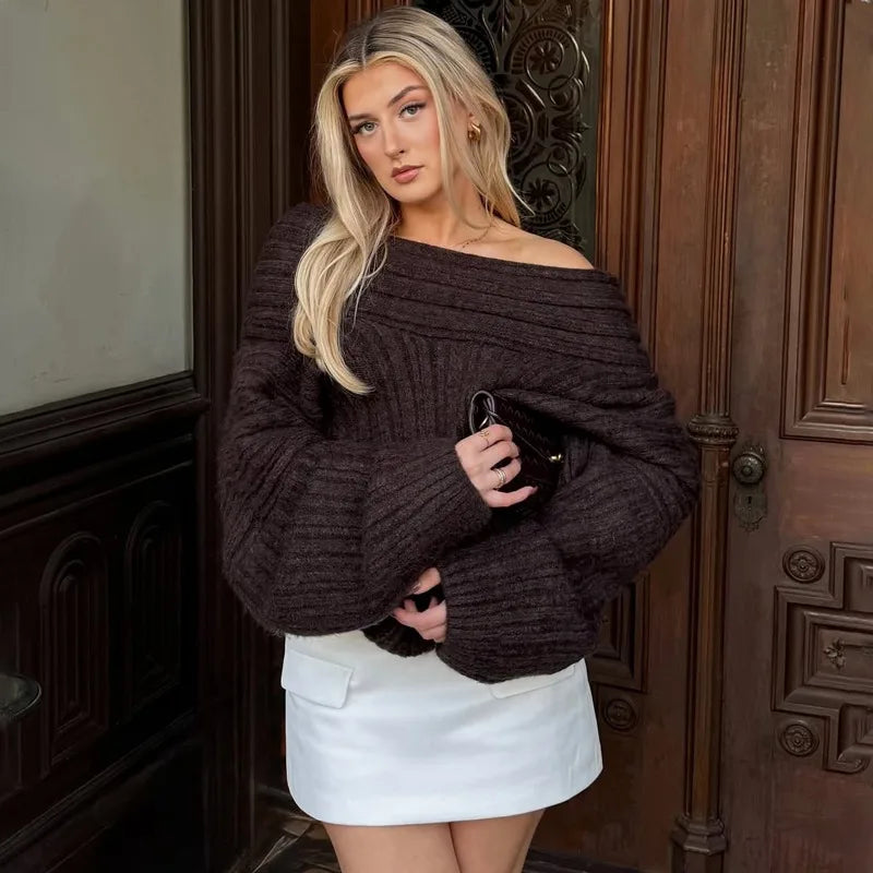 Women's Off-Shoulder Knit Sweater - Casual Loose Fit Pullover