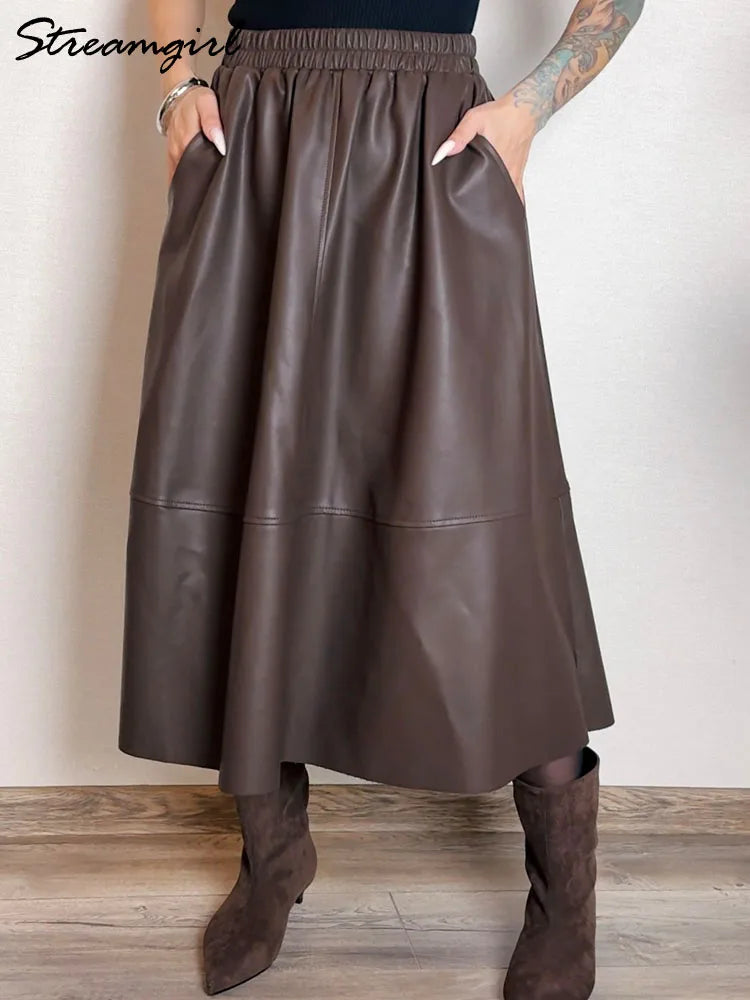 Midi Brown Leather Skirts For Women Autumn Winter Elastic Waist A Line Big Swing Black Long Skirts Women Leather With Pockets