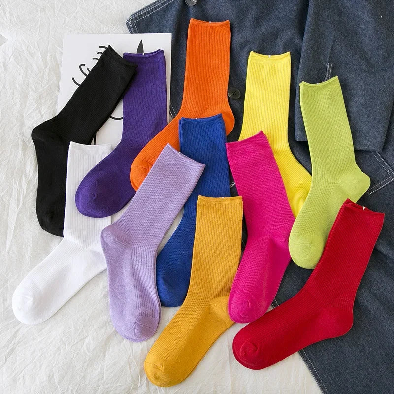 Women's Solid Color Crew Socks - Breathable Mid-Calf Cotton Blend