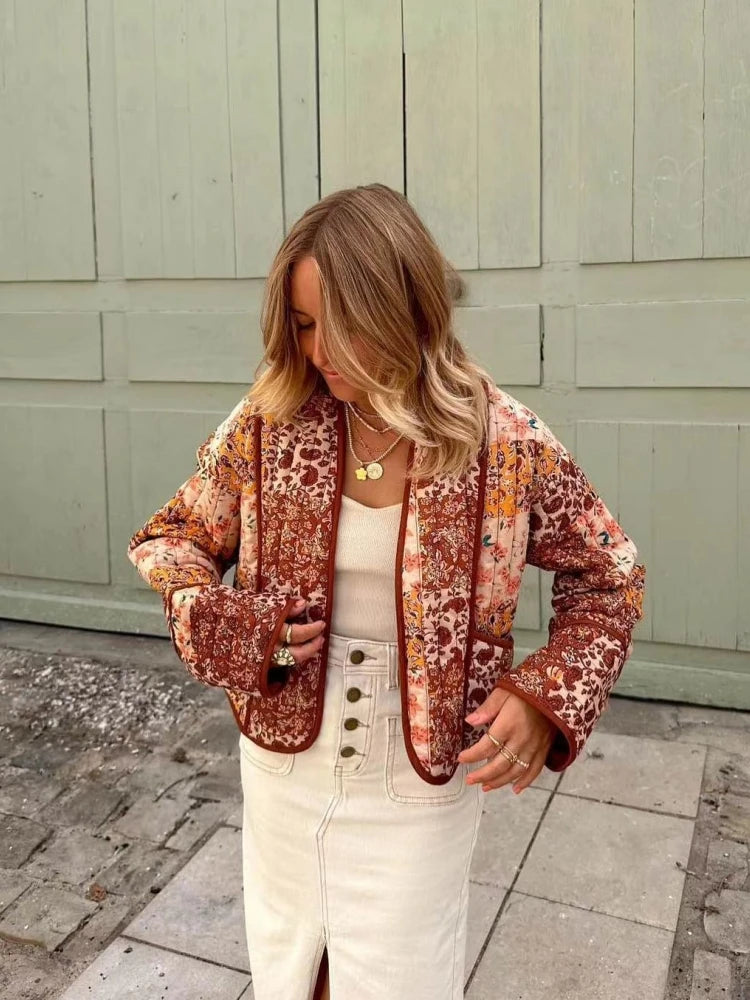 Vintage Print Patchwork Cotton Jacket - Women's Casual Outerwear