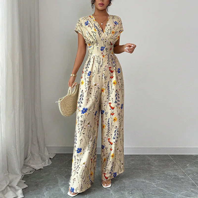 Elegant Floral Print Jumpsuit - High Waist Short Sleeve