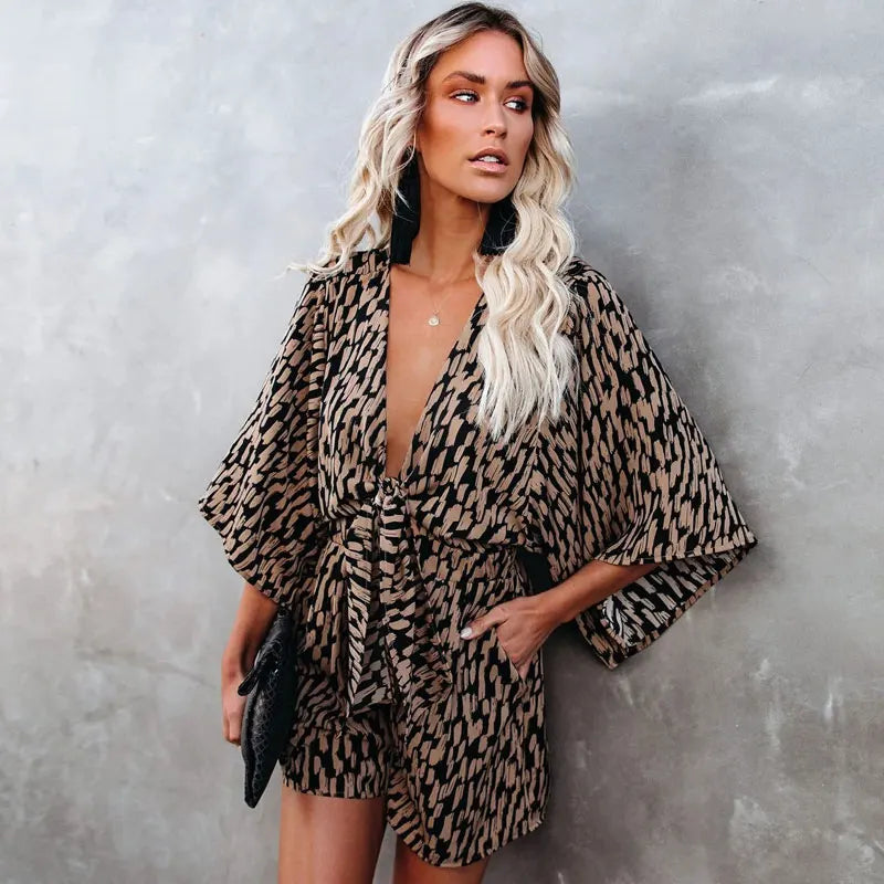 Leopard Print Wide Leg Romper with Bow Detail