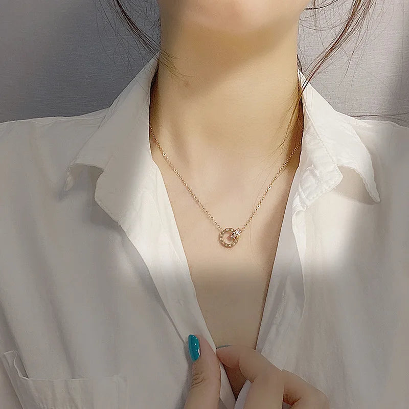 Elegant Crystal Circle Pendant Necklace - Stainless Steel Roman Numeral Choker