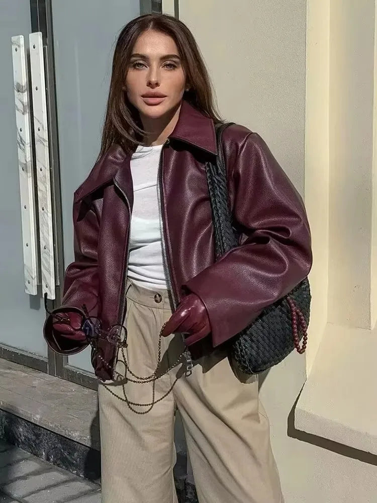 Wine Red Faux Leather Jacket - Women's Streetwear Outerwear